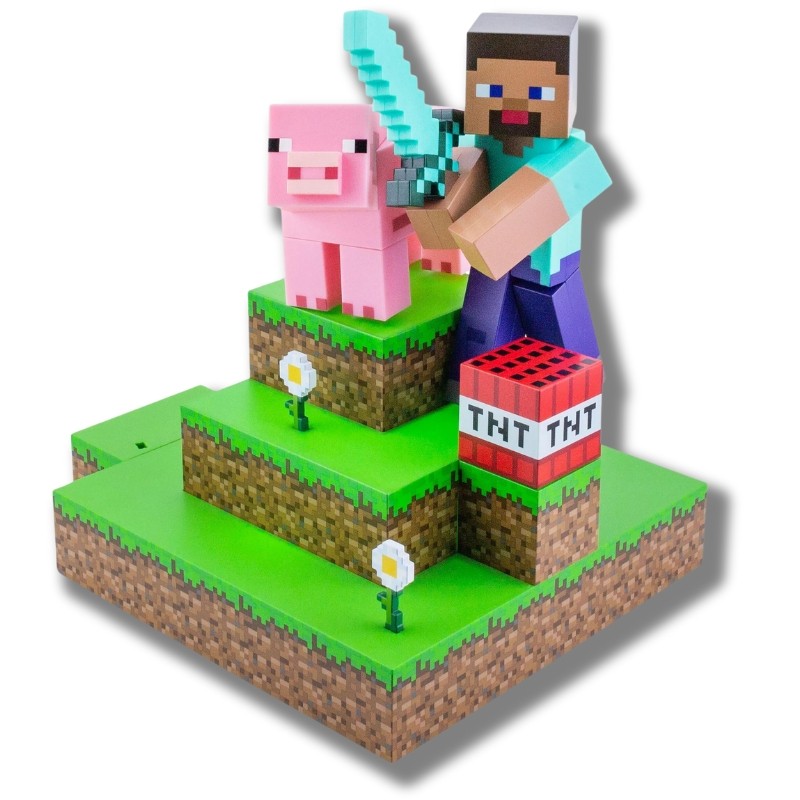 Lampara de Minecraft en diorama de Steve con el cerdito